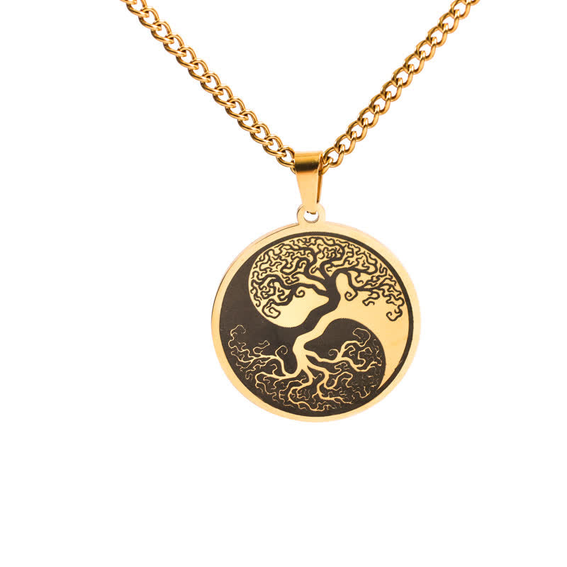 Tree of Life Titanium Steel Necklace – gold yin-yang tree pendant on white background, frontal, Cuban link chain