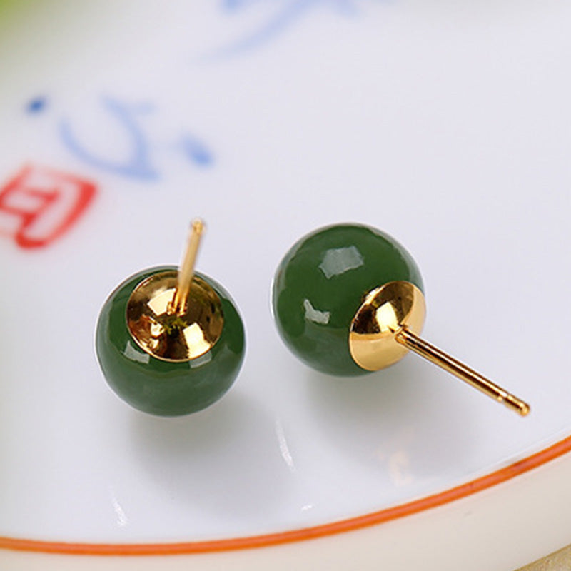 925 Silver Cyan Jade Healing Stud Earrings – emerald green jade beads on white porcelain with blue calligraphy and red seal, heritage styling