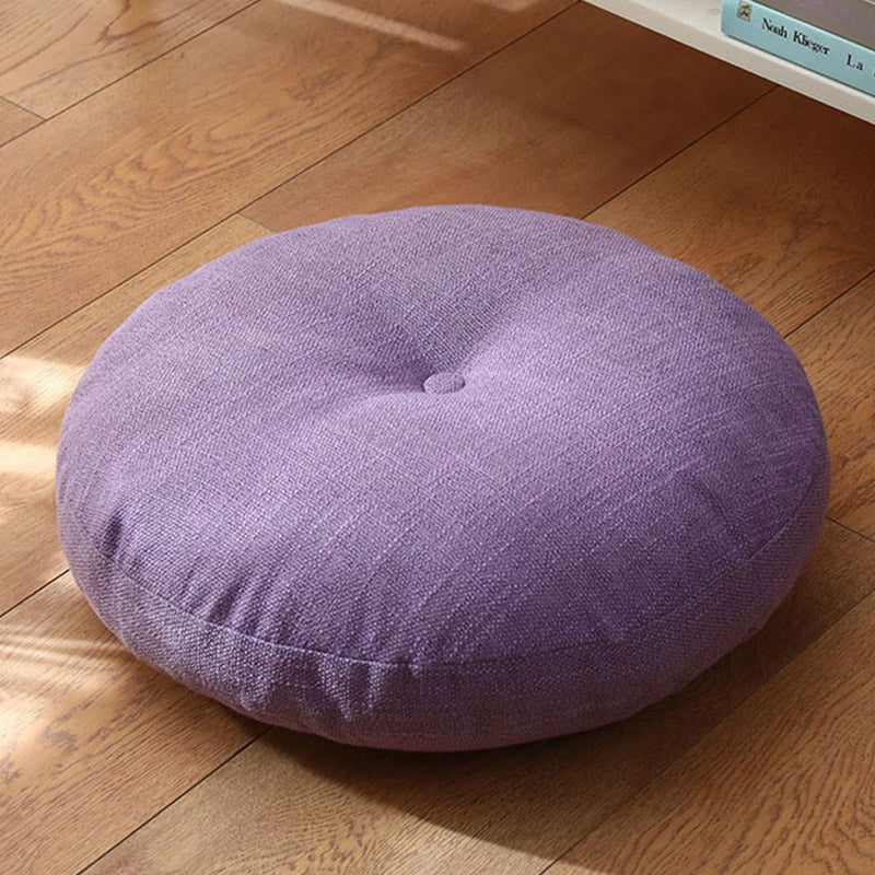 Lotus Linen Meditation Cushion – Soft lavender tufted round on wood floor, pastel decor
