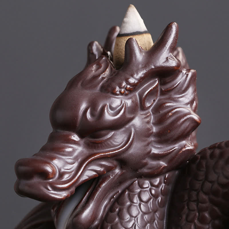 Dragon Pattern Ceramic Incense Burner – elevated angle showing coiled dragon and wave patterns, Oriental decor