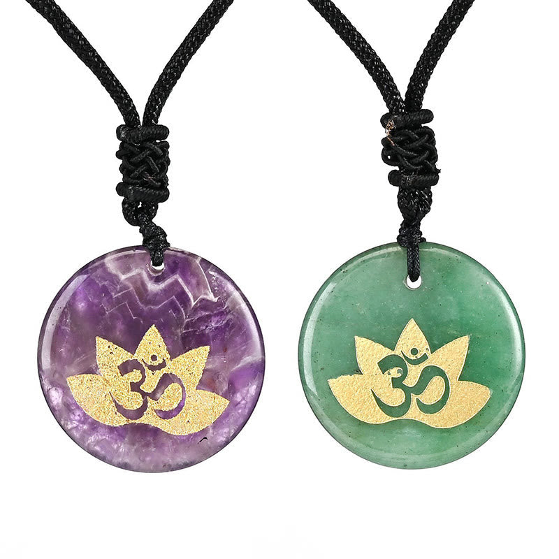 OM Lotus Amethyst Tiger Eye Pendant - amethyst and aventurine stone variants, healing crystals