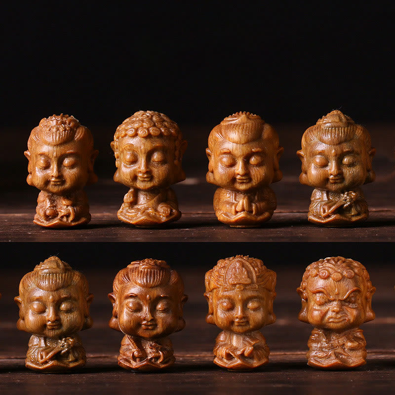 Chinese Zodiac Green Sandalwood Buddha – eight zodiac deity figurines in two rows, Complete collection