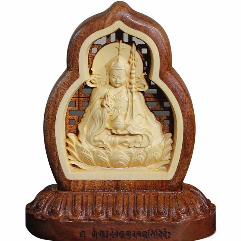 Wood Engraved Padmasambhavan – detailed facial carving lotus seat, Guru Rinpoche sacred art