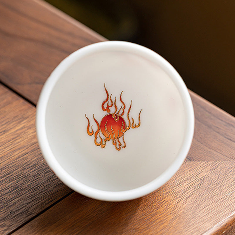 Dragon Phoenix Clouds Ceramic Teacup Gift Set – Overhead interior flaming pearl in red-orange gold, hidden drinking design