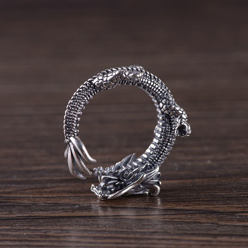 925 Sterling Silver Dragon Ring – Side view of open band with red gemstone eyes and flame-shaped tail, Daring