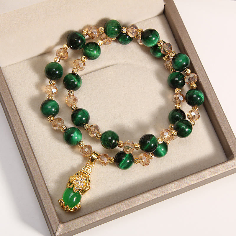 Tiger Eye Pixiu Fox Money Bag Bracelet - green tiger eye Pixiu necklace pendant with champagne crystal accents, emerald cat eye beads, gold Pixiu wealth charm centerpiece in jewelry box