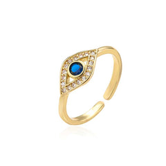 Evil Eye Copper Ring – Gold evil eye ring with cobalt blue cabochon, pave crystals, 14mm 2g detail
