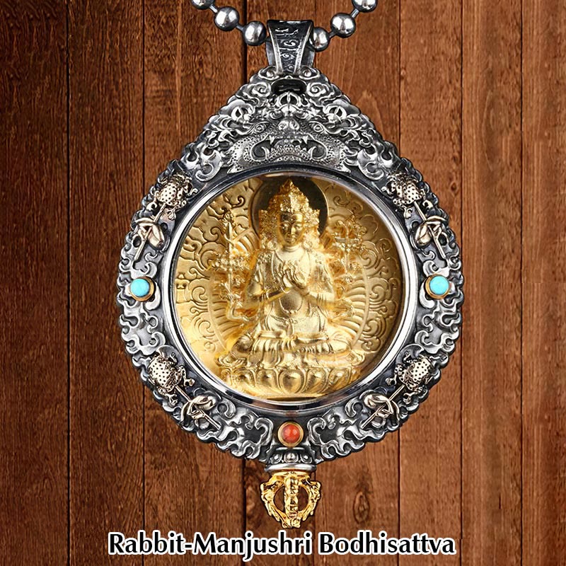 Zodiac Buddha Thangka Wealth Rotatable Pendant – Rabbit Manjushri Bodhisattva on wood panel front view, wisdom