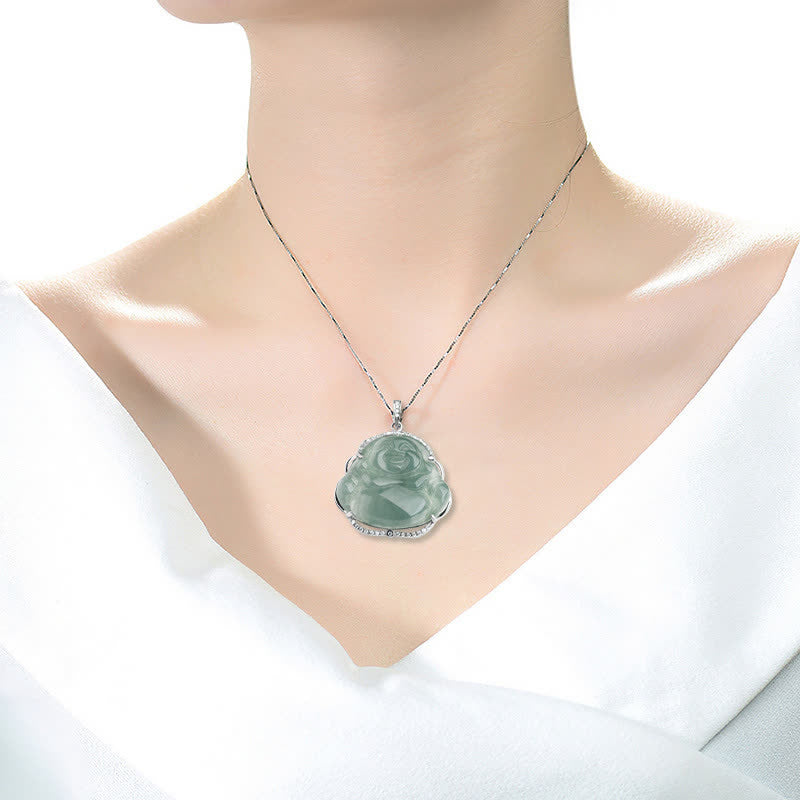 Laughing Buddha Natural Jade Luck Necklace Titanium Steel – Polished natural jade pendant with modern titanium setting