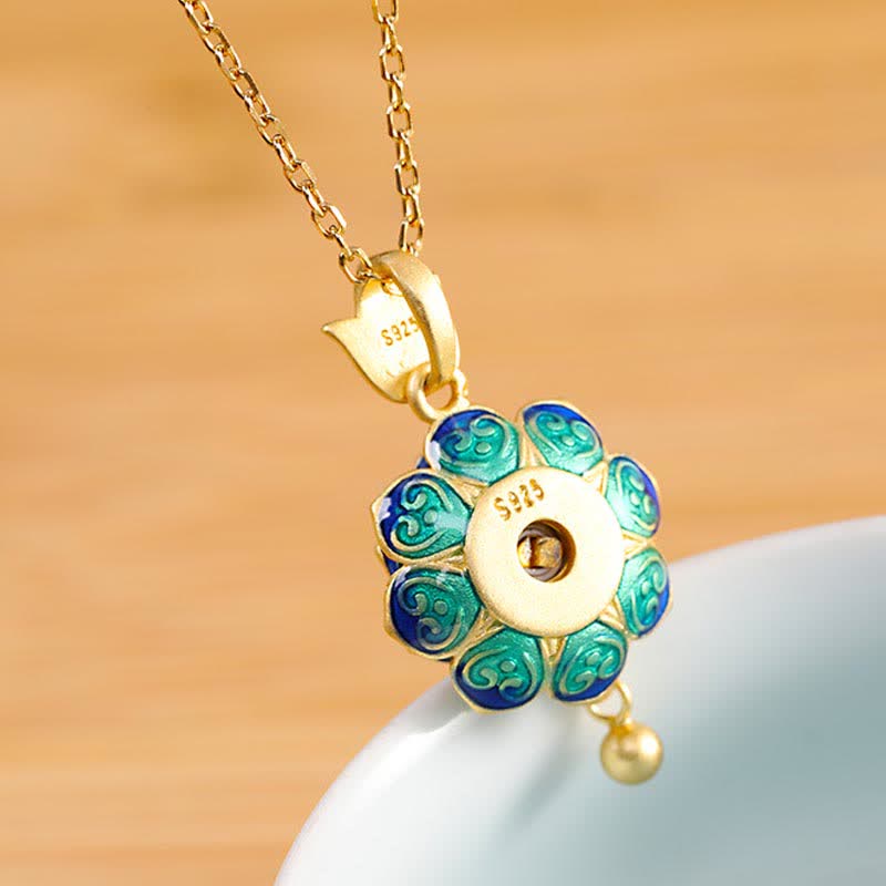 Lotus Prayer Wheel back view – S925 sterling silver stamp on blue enamel petals, authentic