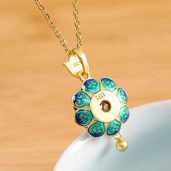 Lotus Prayer Wheel back view – S925 sterling silver stamp on blue enamel petals, authentic