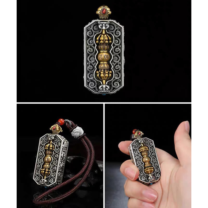 Dorje Vajra Rope Pendant – Three-panel view showing front, side and hand-held scale, vajra amulet