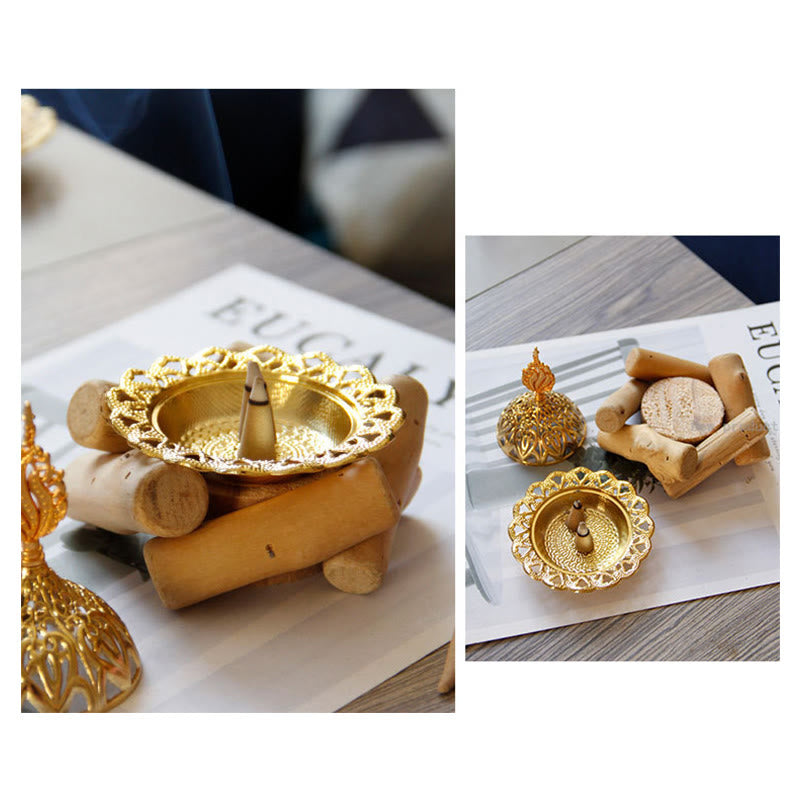 Gold Alloy Mini Incense Burner – dual angle view of filigree dome with cone incense on wooden stand, ornate incense holder