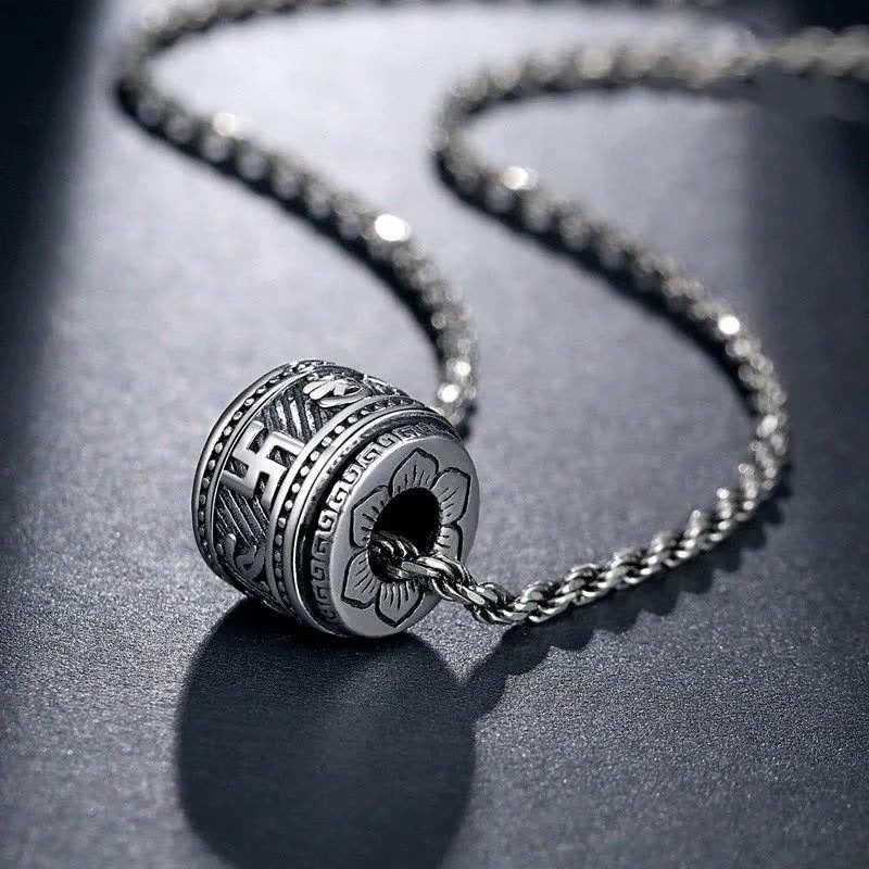 Tibetan Om Mani Padme Hum Pendant - Antique silver prayer wheel with Sanskrit engraving, Tibetan mantra jewelry Main image