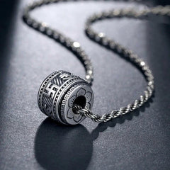 Tibetan Om Mani Padme Hum Pendant - Antique silver prayer wheel with Sanskrit engraving, Tibetan mantra jewelry