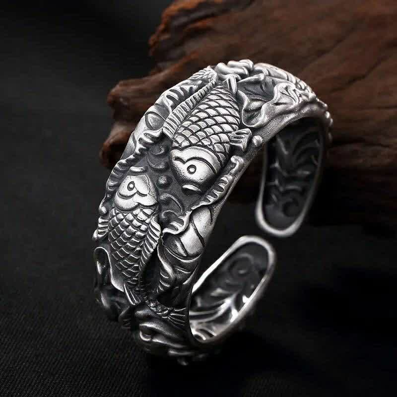 Koi Lotus Luck Bracelet – Close-up of swimming koi fish charm with fin detail, wealth luck bangle