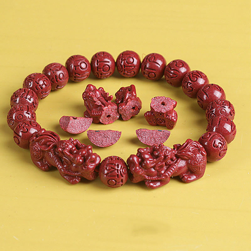 Double PiXiu Cinnabar Bracelet – Bracelet with sliced PiXiu and cross-section pieces arranged in circle, detail