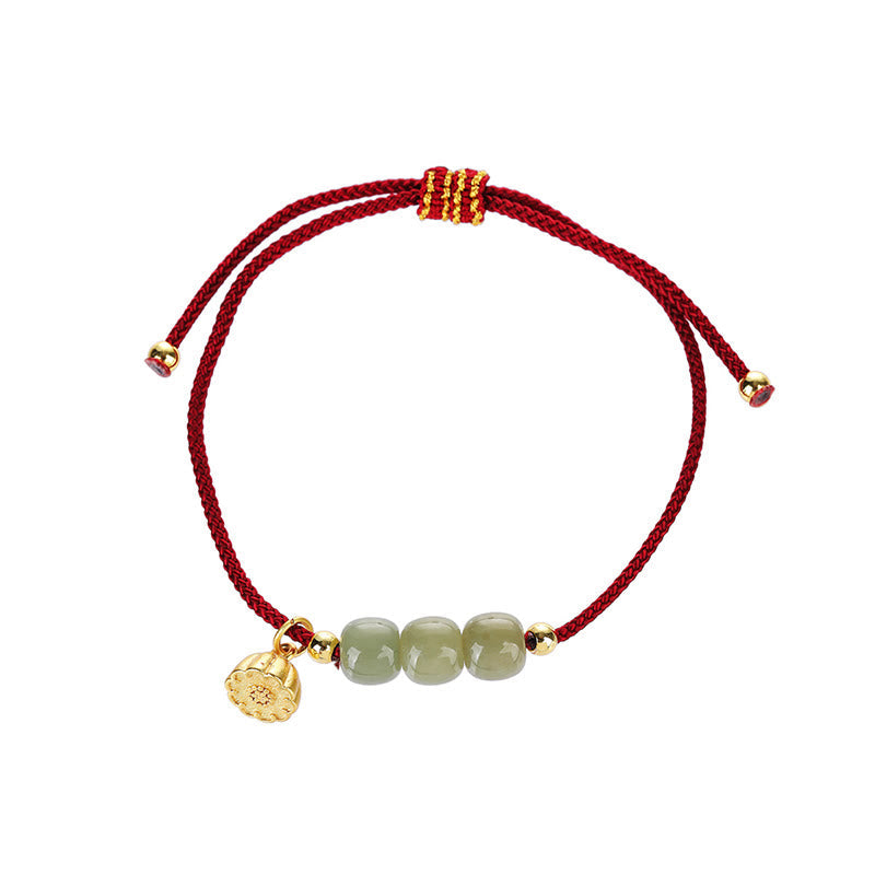 Hetian Jade Lotus Pod Braided Bracelet – adjustable red cord with jade lotus charm, white bg