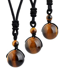Tibetan Tiger Eye Obsidian Amethyst Protection Necklace – Three golden tiger's eye sphere pendants on black cord necklaces with matching accent beads