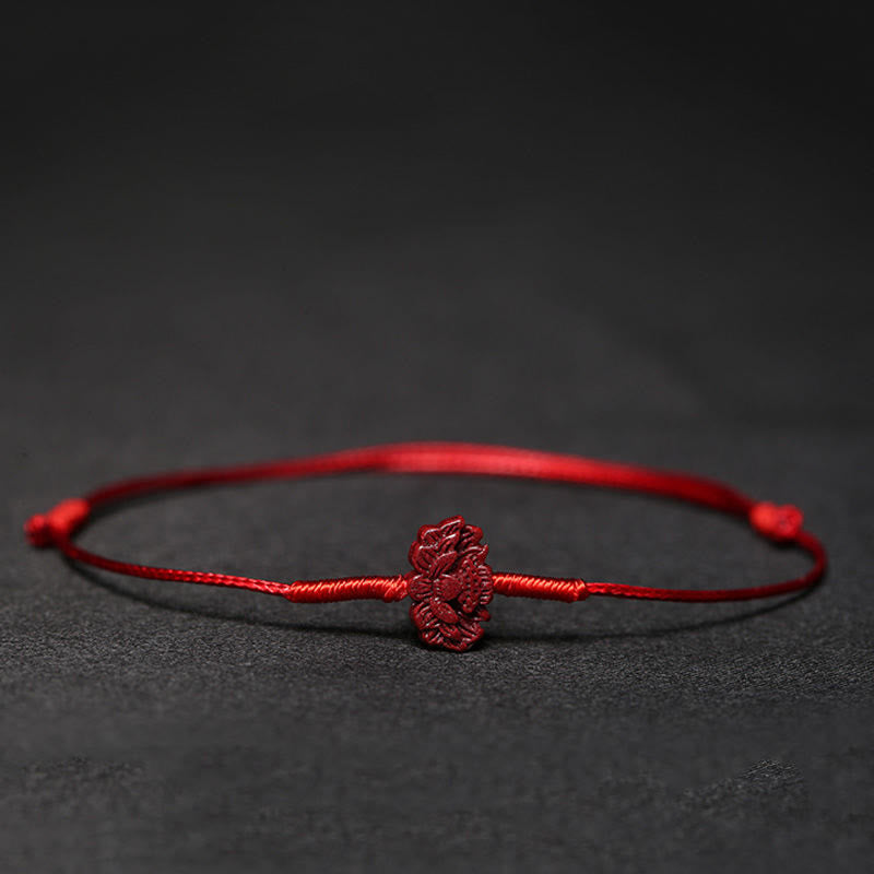 Cinnabar PiXiu Lotus Koi Fish Blessing Braid Bracelet – twin koi fish cinnabar charm on red cord, prosperity abundance feng shui symbol