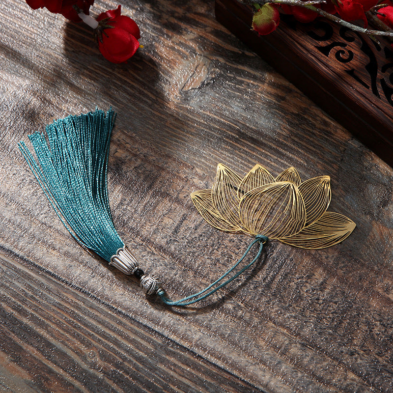 Lotus Brass Hollow Bookmark - filigree lotus flower and ornate silver bead tassel detail, luxury
