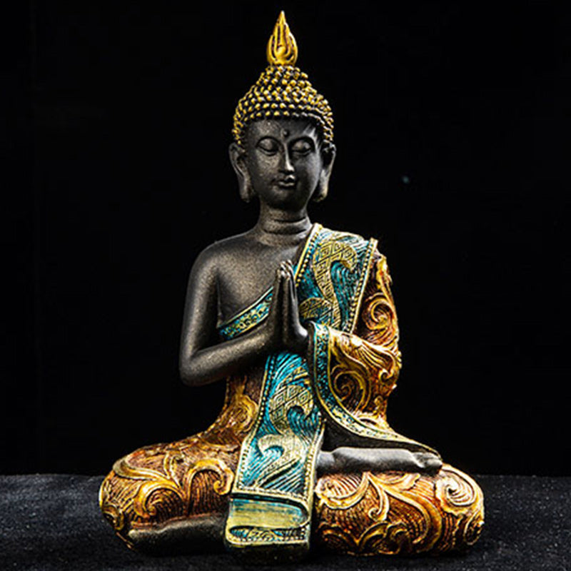 Buddha FengShui Resin Decoration – Black gold Thai Buddha in prayer pose, closeup front