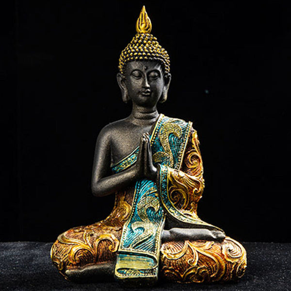 Buddha FengShui Resin Decoration – Black gold Thai Buddha in prayer pose, closeup front