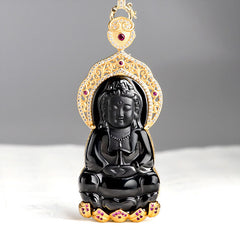 Black Jade Kwan Yin Avalokitesvara Necklace – Polished obsidian jade pendant, titanium steel chain jewelry