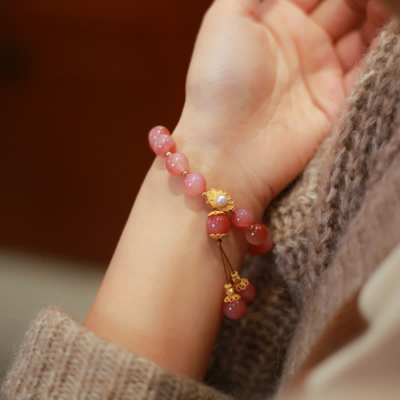 925 Silver Yanyuan Agate Lotus Bracelet – rose quartz beads lotus tassel on wrist, boho gemstone jewelry