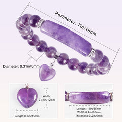 Natural Multi-Stone Love Heart Healing Bracelet - Amethyst bracelet with dimensional measurements showing 8mm beads, 35mm curved bar, and 15mm heart charm