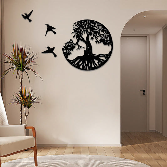 Tree of Life Birds Wall Art - black tree with three birds on cream wall beside tall plant and arched doorway