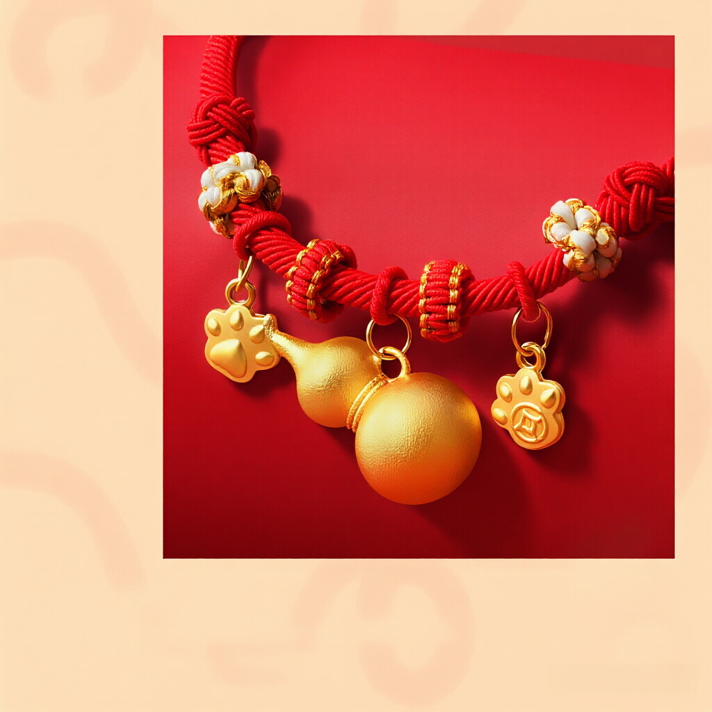 CNY Red Rope Pet Collar - Red cord with gold gourd and paw prints with coin, feng shui lucky pet necklace