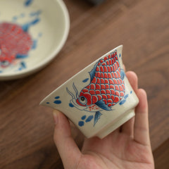 Koi Fish Sancai Cup – close-up of koi painting on gaiwan body, Chinese tea