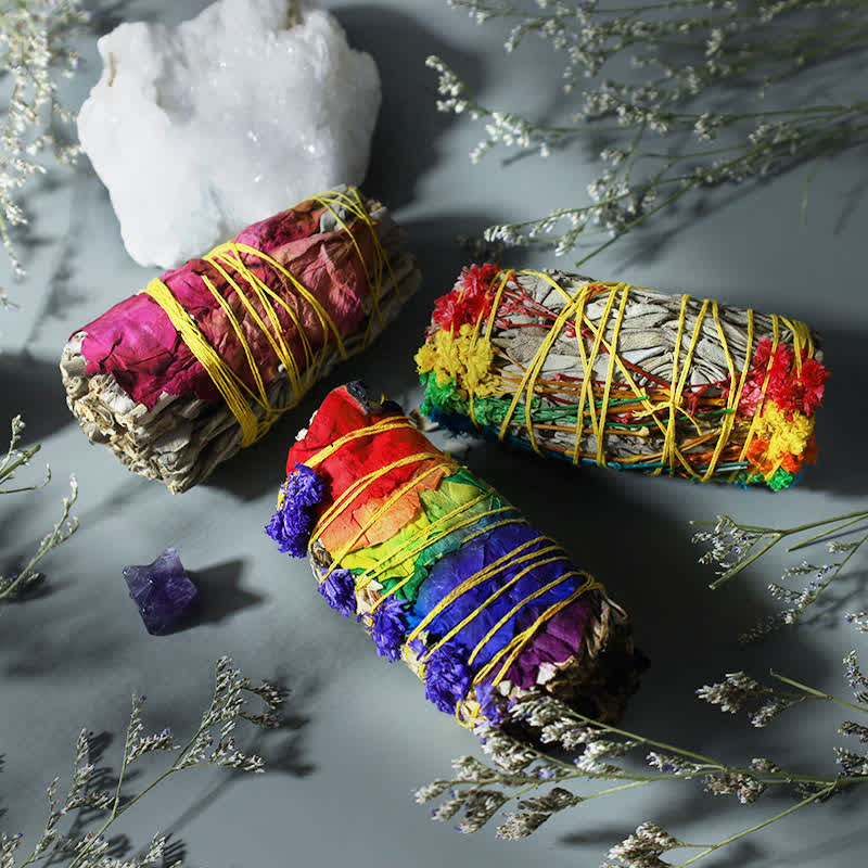 Smudge Stick Set with Abalone Shell - Three floral sage bundles with crystal accents, smudging