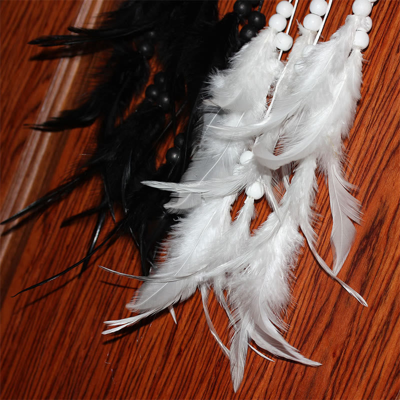 Yin Yang Dream Catcher with Feathers – Black white feather tassels with wooden beads, boho charm