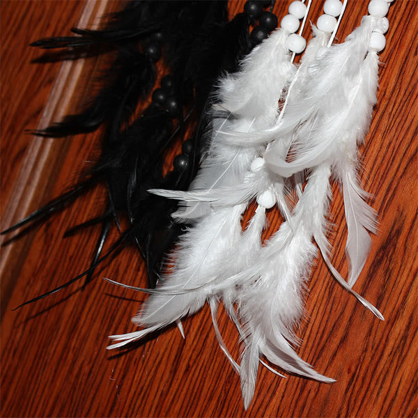Yin Yang Dream Catcher with Feathers – Black white feather tassels with wooden beads, boho charm