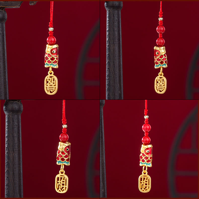Koi Fish Cinnabar Ruyi Phone Charm – assembled charm with cinnabar koi, ruyi, cord and tassel, phone accessory