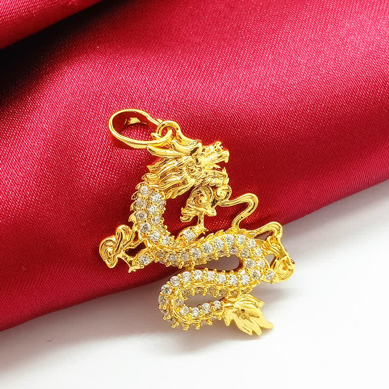 Gold Dragon Protection Necklace – Crystal dragon pendant on red silk, detailed claws and scales, Prosperity
