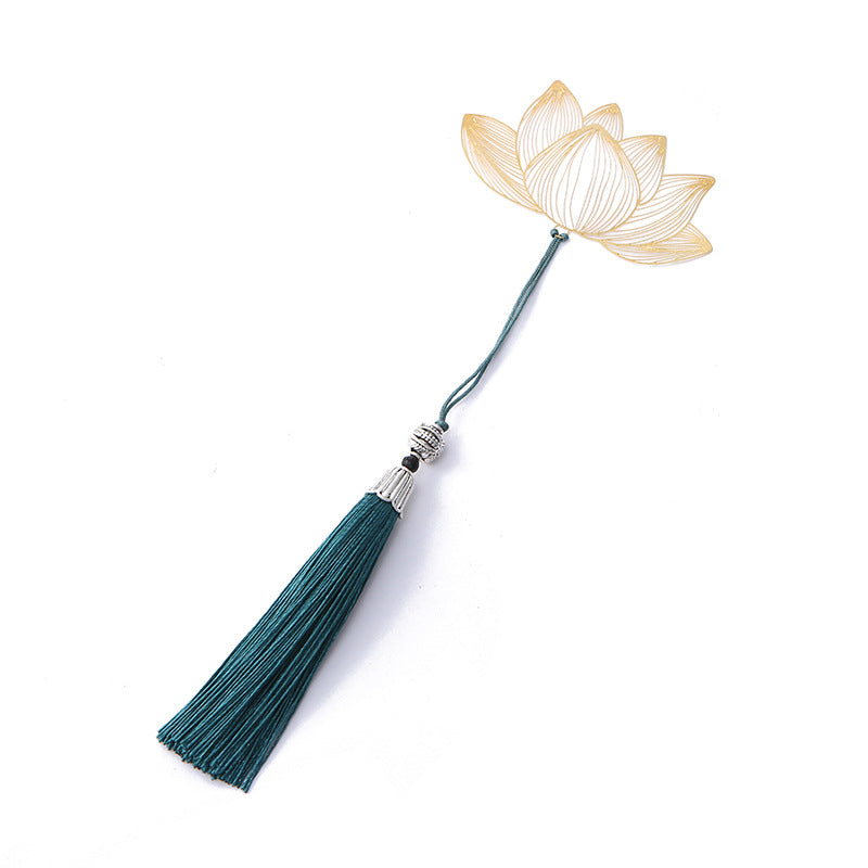 Lotus Brass Hollow Bookmark - full view lotus flower with teal tassel on white, pure elegance