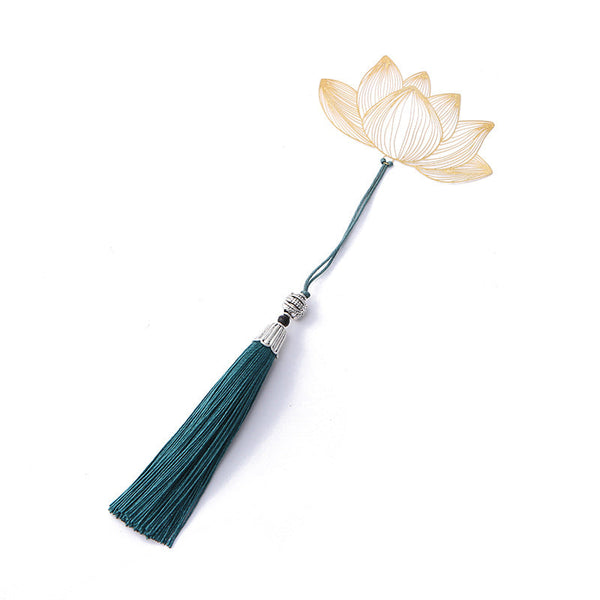 Lotus Brass Hollow Bookmark - full view lotus flower with teal tassel on white, pure elegance
