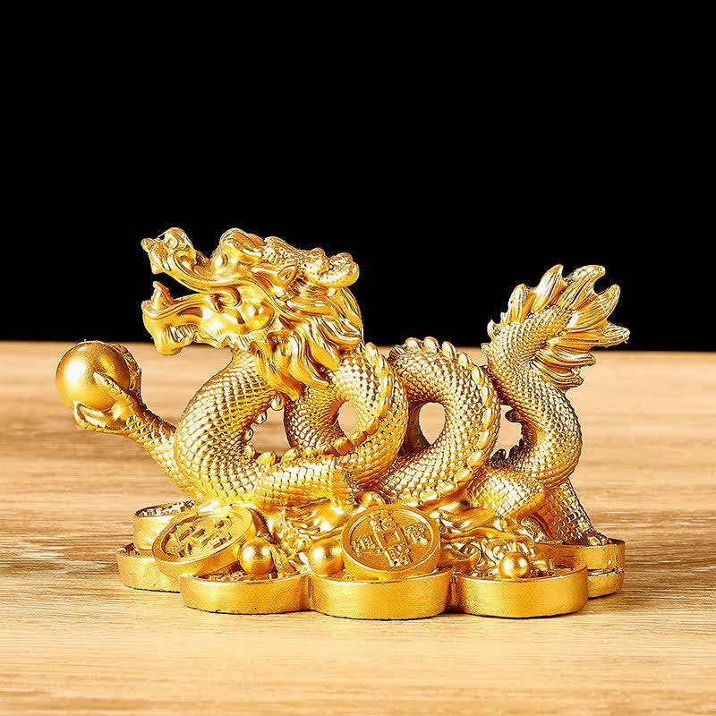 Dragon Copper Coin Decoration - Golden dragon with coin ingots on dark background, feng shui wealth