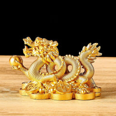 Dragon Copper Coin Decoration - Golden dragon with coin ingots on dark background, feng shui wealth