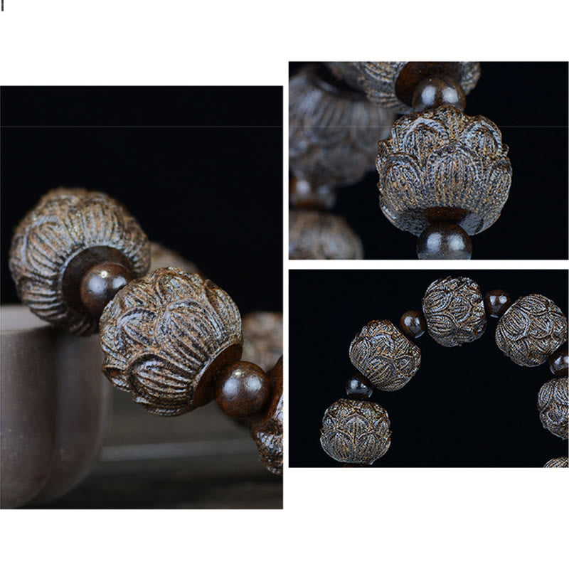 Ebony Wood Eighteen Arhats Lotus Dragon Bracelet - Drum beads dragon relief on white, Imperial Guard