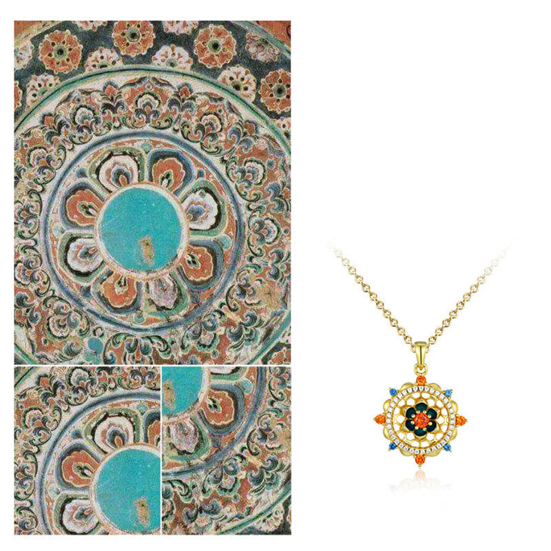Sterling Silver Lotus Zircon Pendant with Dunhuang art, cultural heritage spiritual jewelry