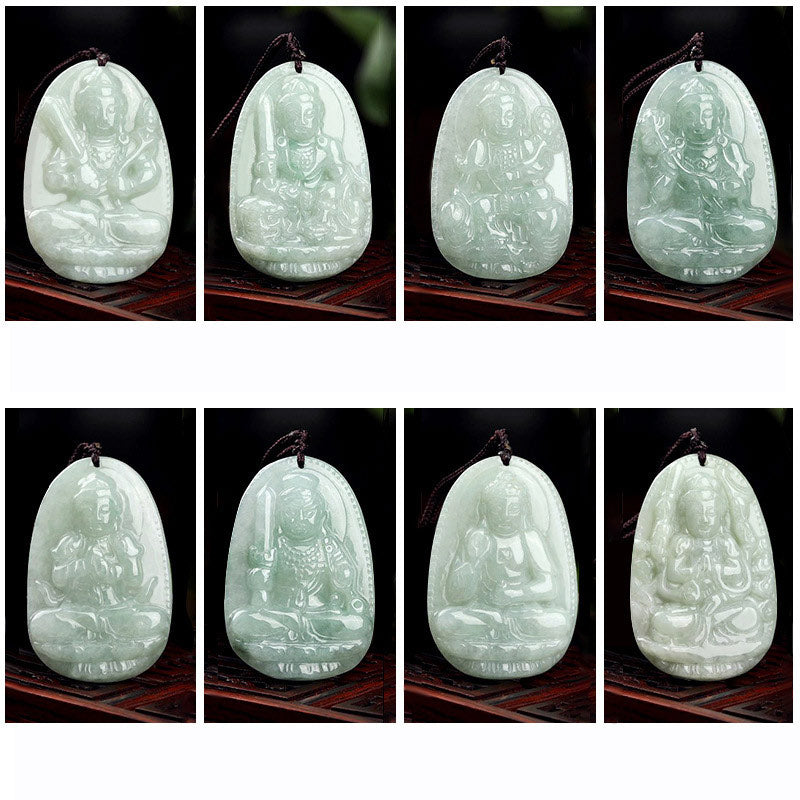 Zodiac Buddha Jade Necklace – eight zodiac guardian Buddha jade pendants on dark wood, complete natal Buddha collection