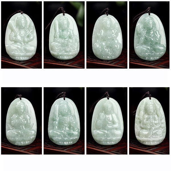 Zodiac Buddha Jade Necklace – eight zodiac guardian Buddha jade pendants on dark wood, complete natal Buddha collection