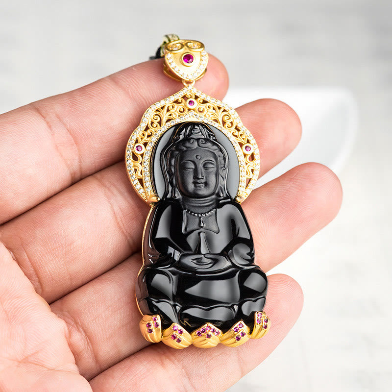 Black Jade Kwan Yin Avalokitesvara Necklace – Sleek dark jade medallion, Buddhist titanium steel jewelry