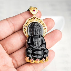 Black Jade Kwan Yin Avalokitesvara Necklace – Sleek dark jade medallion, Buddhist titanium steel jewelry
