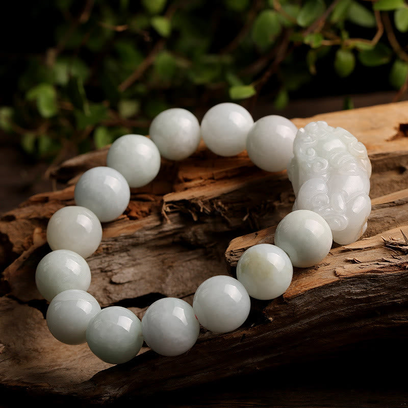Jade PiXiu Bracelet – On natural bark wood with green leaves, rustic setting, feng shui prosperity bracelet