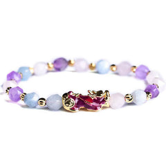 Natural Amethyst Pixiu Bracelet – front view white background, amethyst purple white aquamarine beads gold pixiu charm